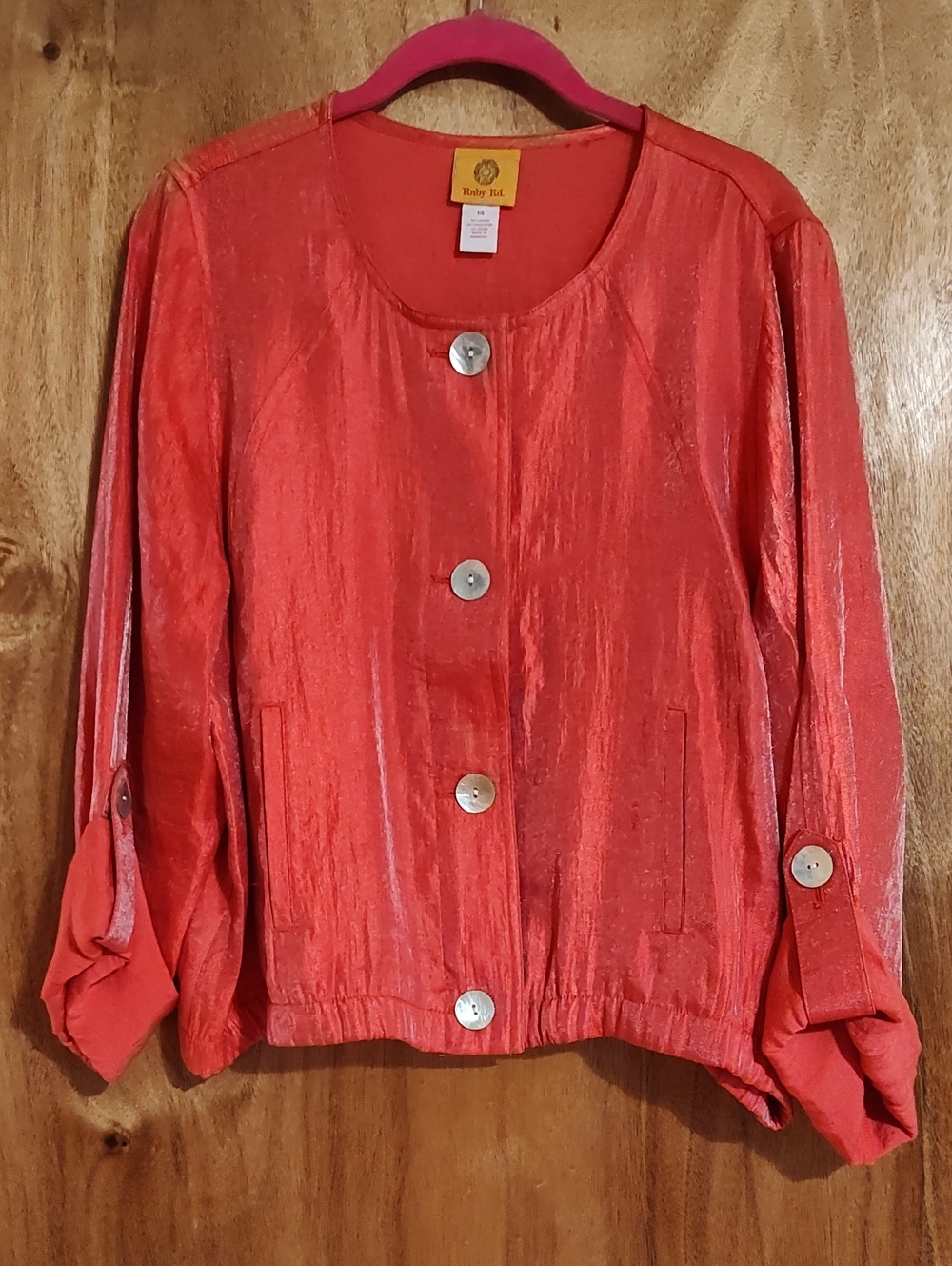 Ruby Rd. Iridescent Womens Jacket Coral Button Front Convertible Sleeves Size 14